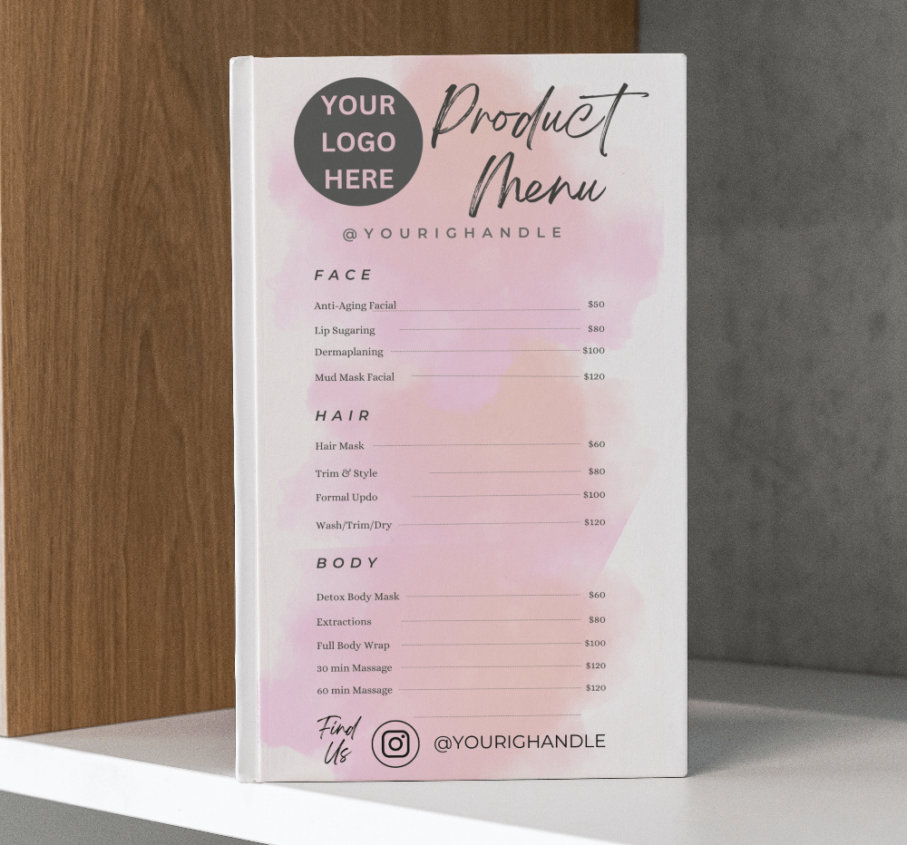 Template Product Menu Digital Download Customizable Soft Pink Watercolour